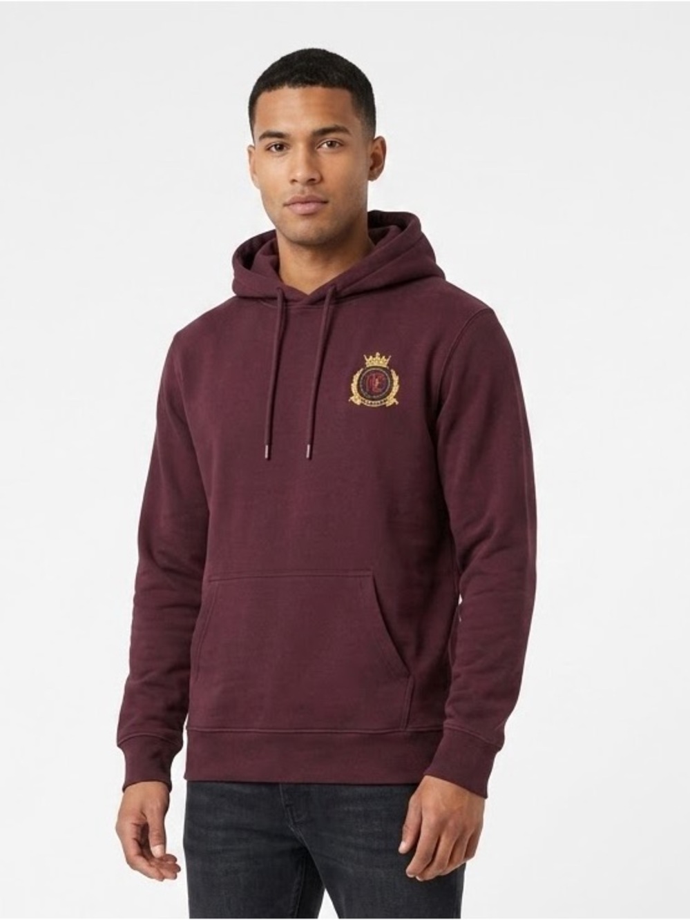 Divided Maroon Pullover Hoodie with Embroidered Crest A40